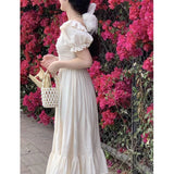 Elegant Square Collar White Dress Summer Fashion Puff Sleeve Ruffle Dress for Women Chic Vintage Maxi Dresses New