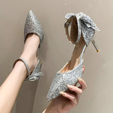 Luxury Silver Sequin High Heels Wedding Shoes Women Autumn Crystal Bowtie Ankle Straps Bridal Shoes Woman Thin Heeled Pumps