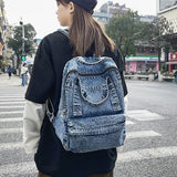 Blue denim women backpack casual large capacity laptop school zipper girl backpack top handle fashion travel backpack for women
