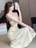 Elegant Women Satin Dress Chic Side Hollow Out Slim A-Line Formal Dresses Spaghetti Strap Square Collar Summer Vestidos