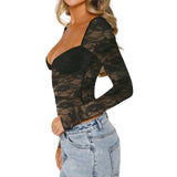 Women Lace Long Sleeve Shirt Top Y2K Slim Fit Crop Top Sexy Lace Low Cut Top Tee Club Streetwear blusa mujer moda
