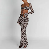 Women's 2 Piece Skirt Outfits Long Sleeve Zebra Print Tie Up Tops Long Bodycon Skirt Set Party Club Clothes Sets