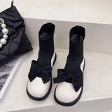 Ankle Mary Janes Boots for Women Kawaii Cute Booties Bow Tie Woman Short Lolita Shoes Flat Round Toe Large Size Warm Pu Autumn