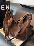 Simple Solid Color Multiple Pockets Shoulder Bag Corduroy Tote Bag For Women, Casual Crossbody Bag Large Capacity Bucket Bag