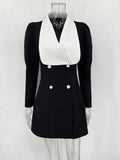 Contrast Color Lapel Suit Dress Elegant Office Woman Outfits Pleatd Splice High Waist Mini Dress Double Breasted Fashion