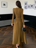 Elegant Solid Pleated Knitted Dress for Women Autumn V-Neck Long Sleeve Slim Party A-Line Chic Vestidos Female Evening Dresses