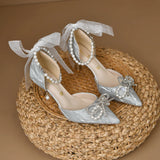 Bridal Wedding Shoes Women Pumps Crystal Bowknot Satin Sandals Summer Transparent Shoes High Heels Party Prom Shoes