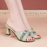 Women's Slippers and Ladies Sandals Crystals Shoes Heeled Green Rhenstone Job Round Toe Fish Jewels Slides Korea Style Casual 39