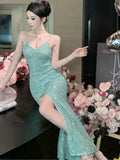 Women's Sexy Green Evening Dresses Slim Backless V-Neck Split Gown Long Dress Fashion Robe Birthday Party Vestidos Spring Autumn