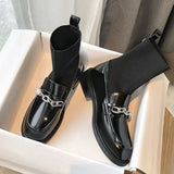 Footwear Women's Ankle Boots Black Elegant with Low Heels Sock Short Shoes for Woman Booties Leather Elastic High Quality Goth