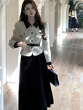 Elegant Two Piece Skirt Set For Women Office Lady Vintage Outfits Fashion Long Sleeve With Belt Jacket Black Velvet Midi Skirts