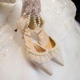 Luxury Silk White Wedding Shoes for Women Summer Pearl Ankle Straps High Heels Pumps Woman Pointed Toe Heeled Dress Shoes