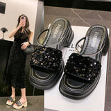 Women's Slippers and Ladies Sandals Black Rubber Rhenstone Slides Crystals Shoes with Heel Outside Jewels New Fashion 39 Vip Pvc