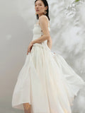New Summer Strapless Back Hollow Out Square Pleated Slim Big Hem White Temperament Dress Women Fashion