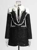 Elegant Hit Color Dresses For Women Lapel Long Sleeve High Waist Patchwork Sequins Mini Dress Female Fashion