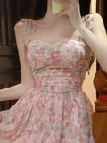 Floral Dress Women Mini Hot Girls High Waist Pink Kawaii Vintage Strapless Summer Aesthetics French Comfort Vestidos Fashion New