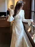 Elegant Party Dresses Woman Autumn Lace-up V-Neck Flare Sleeve Evening Party Long Dress Casual Vestidos Robe Female Clothing New