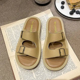 Leather Indoor Flat Open Toe Slides Shoes for Women Rubber Summer House Woman Slippers Home Bedroom Sandals Original Shoe