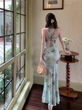 Butterfly print backless camisole dress for women's summer temperament buttocks wrapped long slim fit waist fishtail Dress