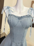 Summer Korean Fashion Sexy Gyaru Spaghetti Strap Y2k Midi Denim Dress Women 2023 Jean Frocks Party One-Piece Chic High Street
