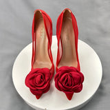 Red Flowers Lace Female Shoes 10Cm Pointy Toe Stiletto High Heel  Ladies Dress Women Pumps Plus Size 33-45