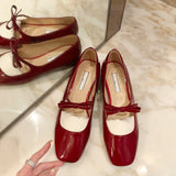 New Square Toe Glossy Leather Flats Women Bowknot Mary Jane Shoes Female Red Dance Ballets Party Ball Bridal Wedding Shoes