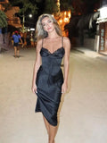 Spaghetti Strap Midi Party Dresses Black Satin Sexy Lace Detachable Corset Dress Casual Holiday Birthday Dresses