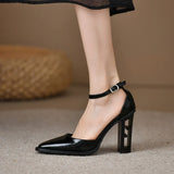 Women's Pumps Vintage Pointed Toe Chunky Heel Strange Style Lattice Hollow High Heels Party Leather Shoes Plus Size 43