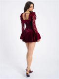 Lace Flare Long Sleeve Sexy Mini Dress For Women Elegant Burgundy Lace-up Square Collar Backless Club Party Dress