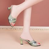 Women's Slippers and Ladies Sandals Crystals Shoes Heeled Green Rhenstone Job Round Toe Fish Jewels Slides Korea Style Casual 39