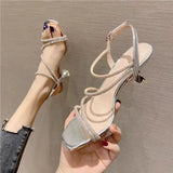 Silver Gold Sandals Elegant Fashion Designer Rhinestone Summer New Medium Heel Shoes Dress Woman Stiletto Heels Party Sexy
