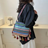 Large Capacity Ethnic Style Crossbody Bags Tassel Woven Bag Fringe Shoulder Bag Messenger Bag Geometric Bohemian Shoulder Bag