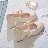 High Heels Shoes for Woman Pumps Square Toe Gothic Women's Summer Footwear Mary Jane Japanese Style Lolita with Bow White A