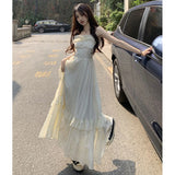 Vintage Ruffle Dress Women Korean Solid Sweet Elegant Preppy Midi Dress Summer Casual Sleeveless Spaghetti Straps A Line Dress