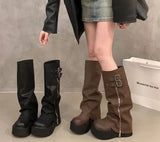 Punk Style Women Western Cowgirl Boots Fashion Slip On Shoes Autumn Winter Platform Heel Ladies Knight Long Booties