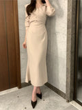 Autumn New Dress Women V-neck Folds Design Lace Up Puff Sleeves Solid Mermaid Elegant France Vintage Office Lady Vestidos