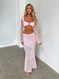 Women's Crochet Knit 2 Piece Skirt Set Hollow Out Crop Top Long Sleeve Backless Tie Up Club Bodycon Dress Outfits