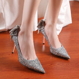 Bling Sequins Wedding Shoes for Women Bride Elegant Pointed Toe Thin Heels Pumps Woman Silver Crystal High Heels for Ladies