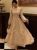 Elegant Ruffles Midi Dress Women Lantern Sleeve High Waist A-line Solid Autumn Spring Female Evening Party Vestidos Robe New