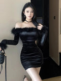 Temperament Fur Collar Exposed Waist Party Dress Women Autumn Winter Long Sleeve Folds Slim High End Wrapped Dresses