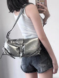 Silver Shoulder Bags for Women Y2K Small PU Leather Korean Fashion Female Belt Design Underarm Handbags and Purses