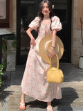 Summer Floral Print Midi Dress Women Off Shoulder Puff Sleeve Fairy A-line Elegant Dresses Casual Korean Fahion Vestidos Mujer