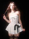 Y2k Off Shoulder Sexy Ruffles Mini Dress Women Bow Sweet Kawaii Cute Design Party Short Dresses Fashion