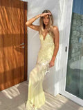 Sexy Sequin Halter Backless Shiny Long Dress Women's Sleeveless V Neck Chic Glitter Dresses  Party Evening Vacation Holiday