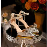 Summer Fashion Pointed Toe Sandals Women's Rhinestone Pearl Butterfly Gold Silver High Heels Party Wedding Plus Size Shoes