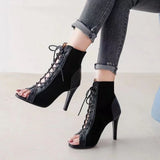 Sandals Hollow Mesh Heels Women's Shoes Summer Trend Black Lace-Up Sexy Peep Toe Boots Stilettos Jazz Dance Female Shoes