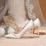 Pumps on Heeled White Shoes for Woman Women's Summer Footwear Pearl High Heels Wedding Bride Shoe Stilito Quality Stylish A