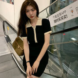 Polo Dresses For Women Summer New Single Breasted Tight Dress Contrast Color One Pieces Korea Short Sleeve Slit Mini Skirt