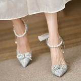 Bridal Wedding Shoes Women Pumps Crystal Bowknot Satin Sandals Summer Transparent Shoes High Heels Party Prom Shoes