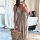 Casual Summer Cold Shoulder Halter Vocation Dress Female Chic V-neck Tie-up Ruffle Maxi Dress Elegant Women Pleated A-line Dress